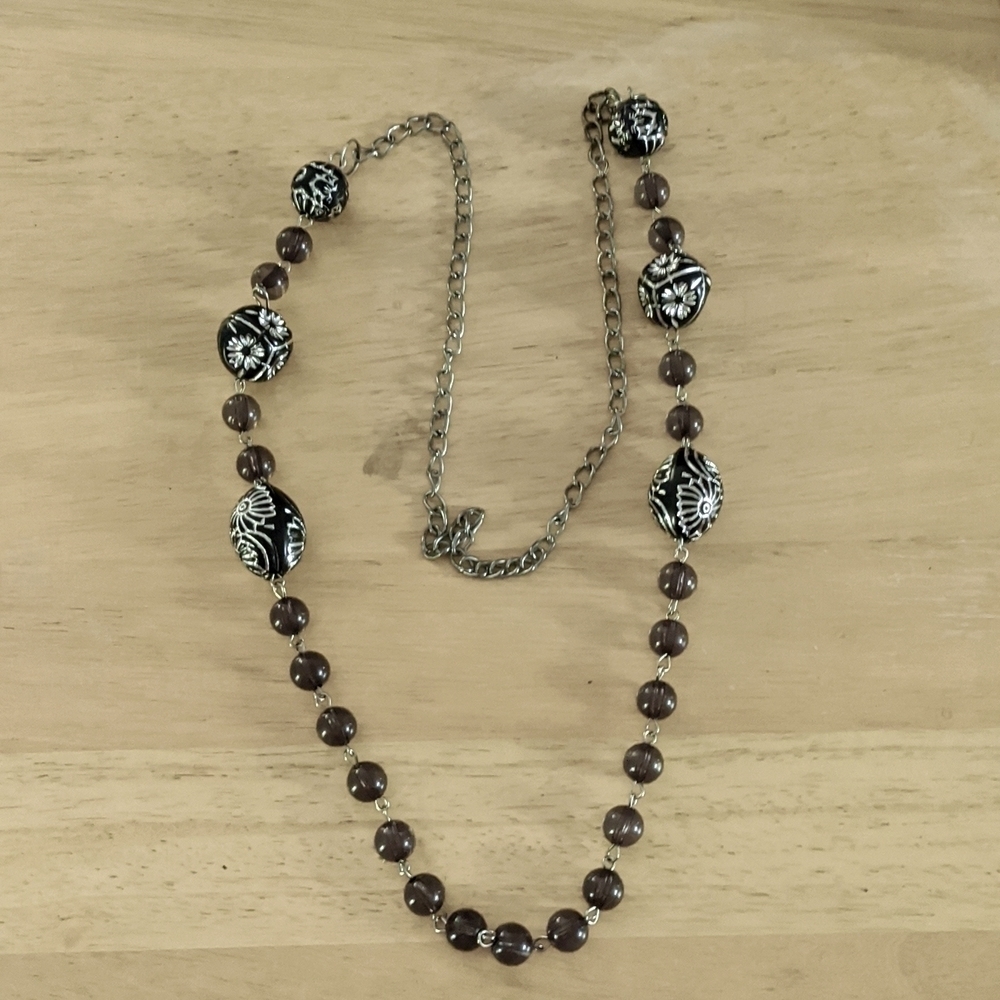 Silver Tone Black and Grey Floral Beaded Chain Statement Necklace